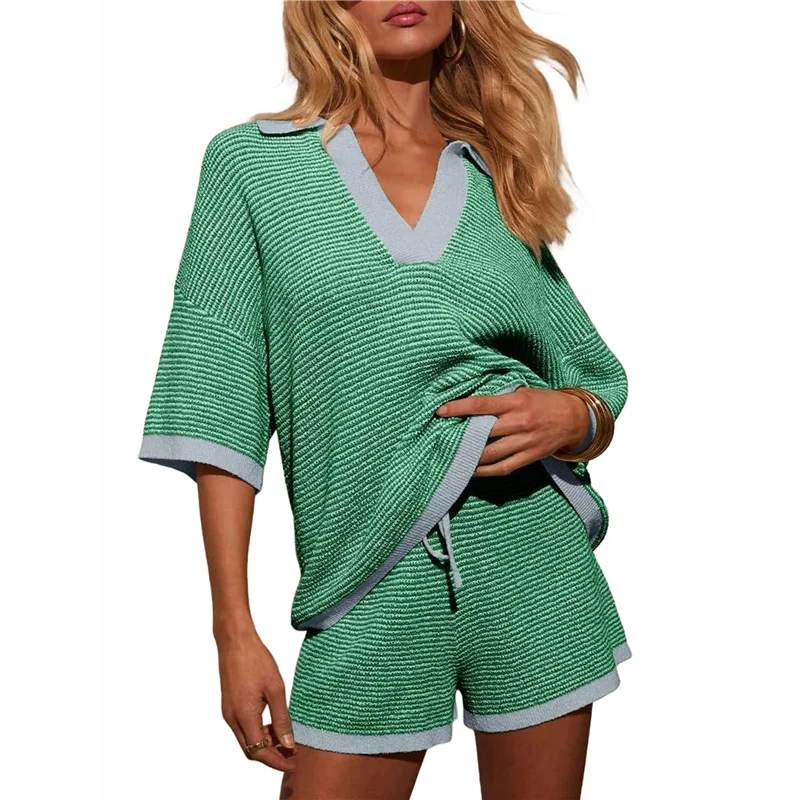 

ABRT-Женский комплект свитеров, комплект из 2 предметов, вязаные топы с рукавами 3/4, V-образным вырезом, шорты с высокой талией, комплекты для отдыха