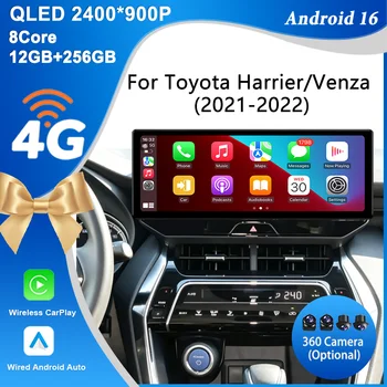 Radio Android 16 z ekranem dotykowym QLED 12,3 cala, bezprzewodowym CarPlay, GPS Navi, BT, WiFi i DSP Stereo Player do Toyota Harrier/Venza 2021-2022
