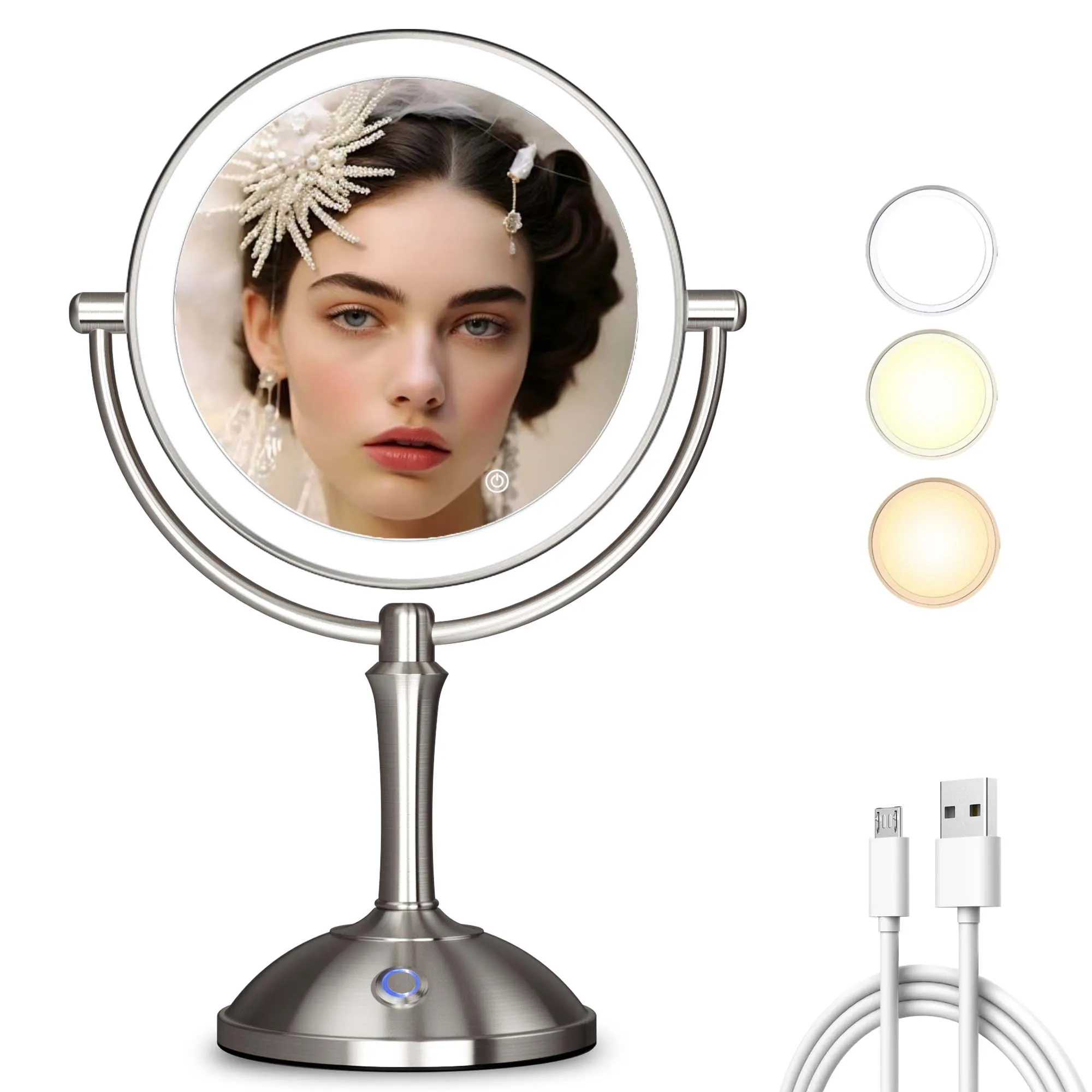 TUSHENGTU Aufladbarer Schminkspiegel mit Beleuchtung, 10-fache Vergrößerung, Doppelspiegel für Make-up, 360-Grad-Drehung, Kosmetikspiegel zum Aufstellen auf dem Tisch