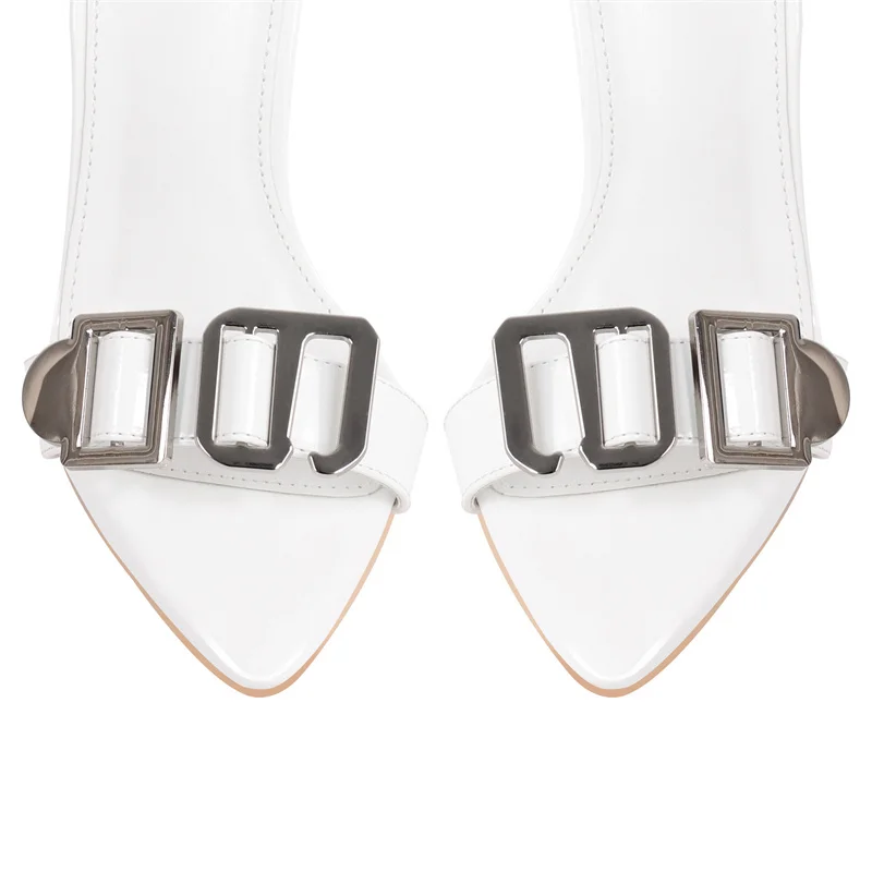 Onlymaker Women White Open Toe Stiletto Sandals Metal Heels Buckle Sandals