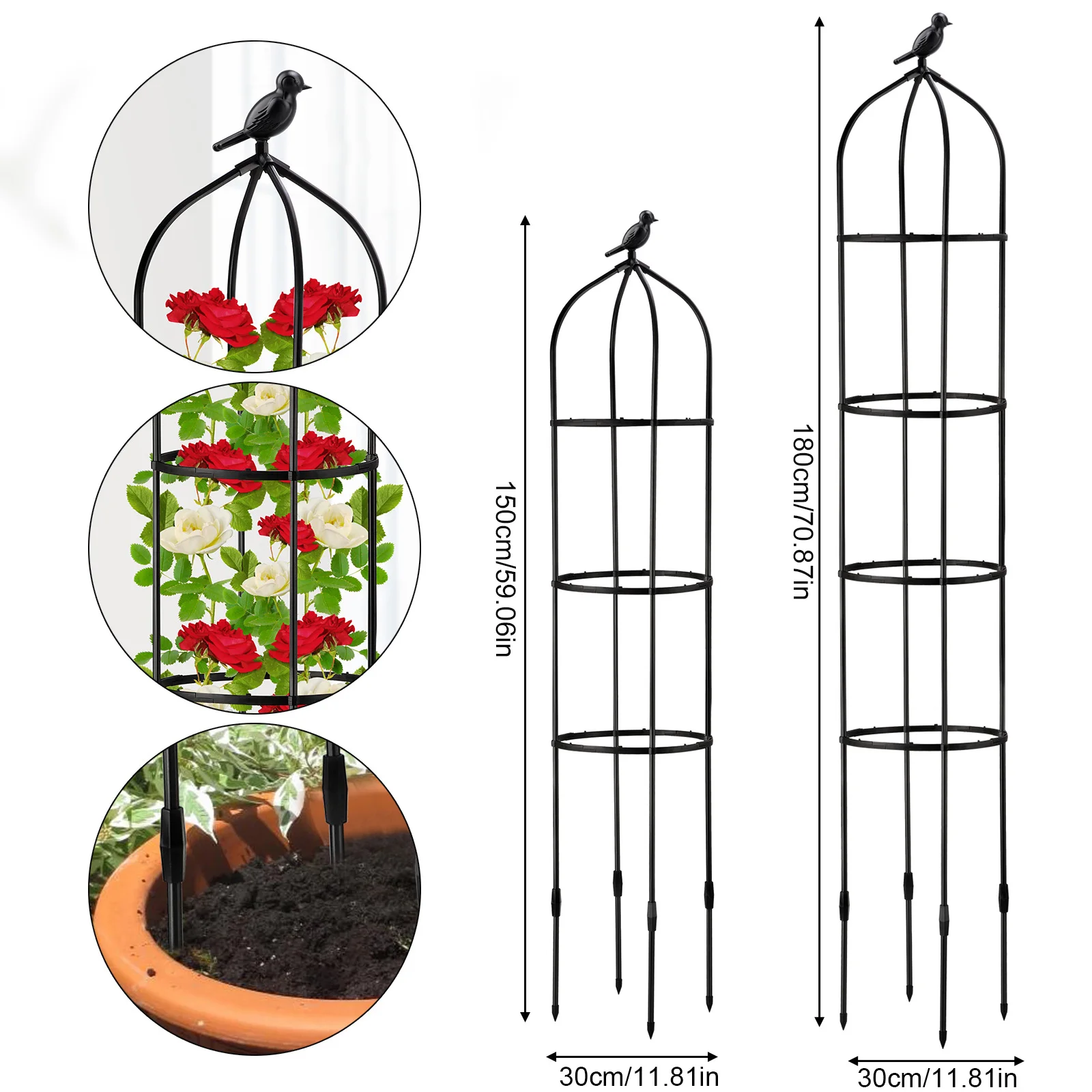 Black U-Shaped Broken Ring Rose Trellis with Bird Decorative Head, Steel+PP, Strong, Easy to Assemble, for Multiple Plants