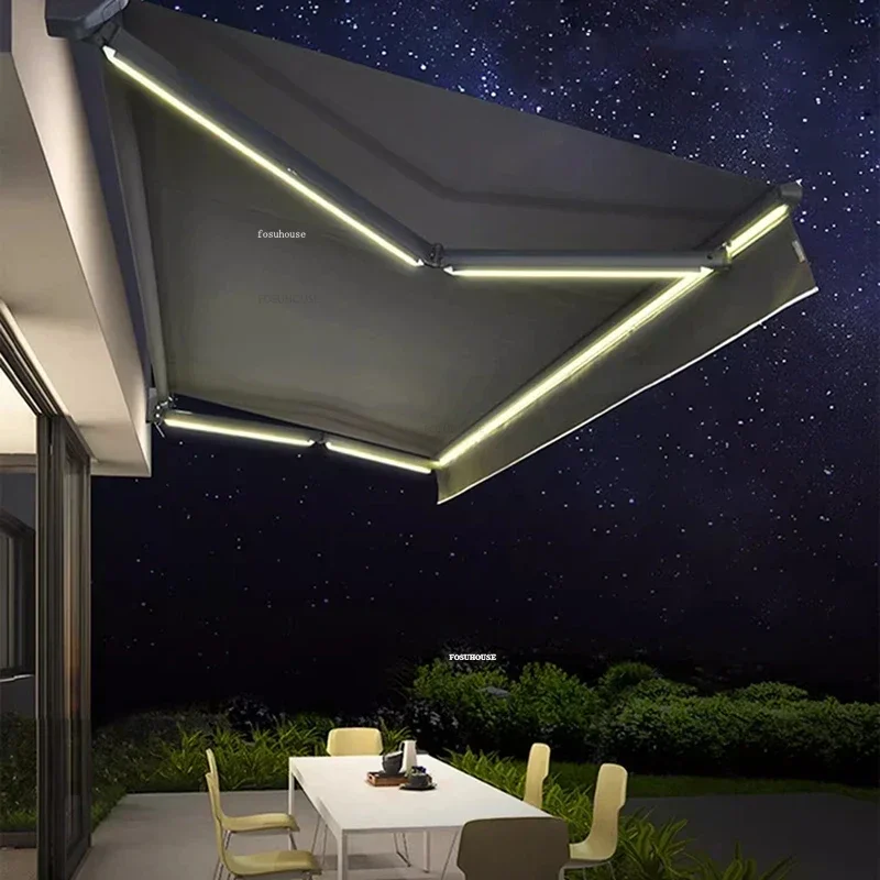Rainproof Awning Tent Outdoor Eaves Remote Control with Light Electric Canopy Retractable Folding Gazebos Villa Courtyard
