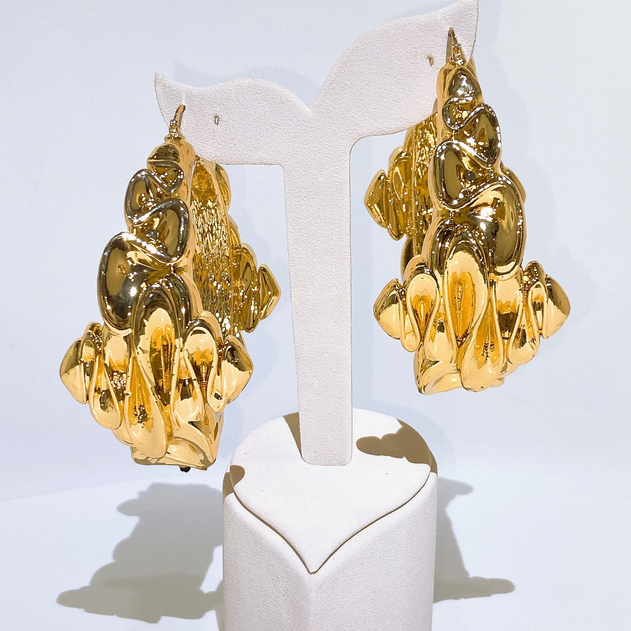 Gold Plated Molten Liquid Sculptural Hoop Earrings Women Irregular Lava Textured Chunky Big Oval Hoops Modern Statement Party