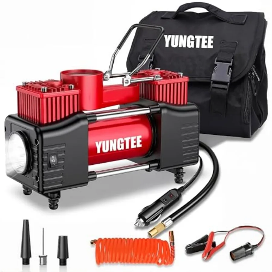 

Tire Inflator Heavy Duty Double Cylinders Direct Drive Inflation Pump12V Portable Air Compressor Pump with Emergency LED Light