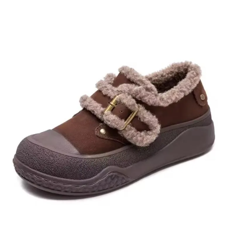 

Women Winter Warm Shoes Cow Leather Chunky Platform Flat Slip On Loafers Ladies Handmade Retro Fluffy Fur Casual Shoes