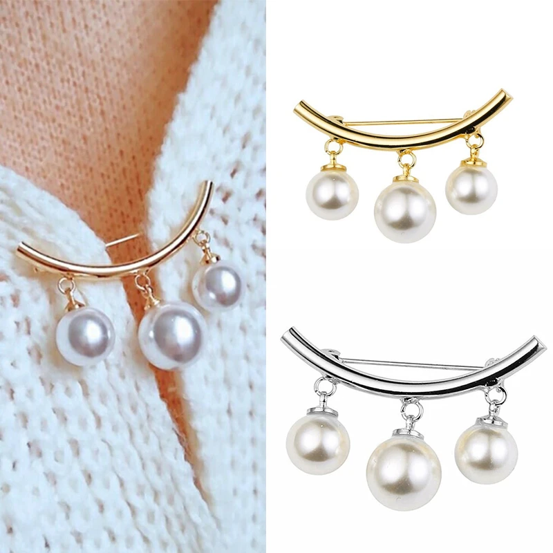 Fashion Pearl Fixed Strap Charm Safety Pin Brooch Sweater Cardigan Clip Chain