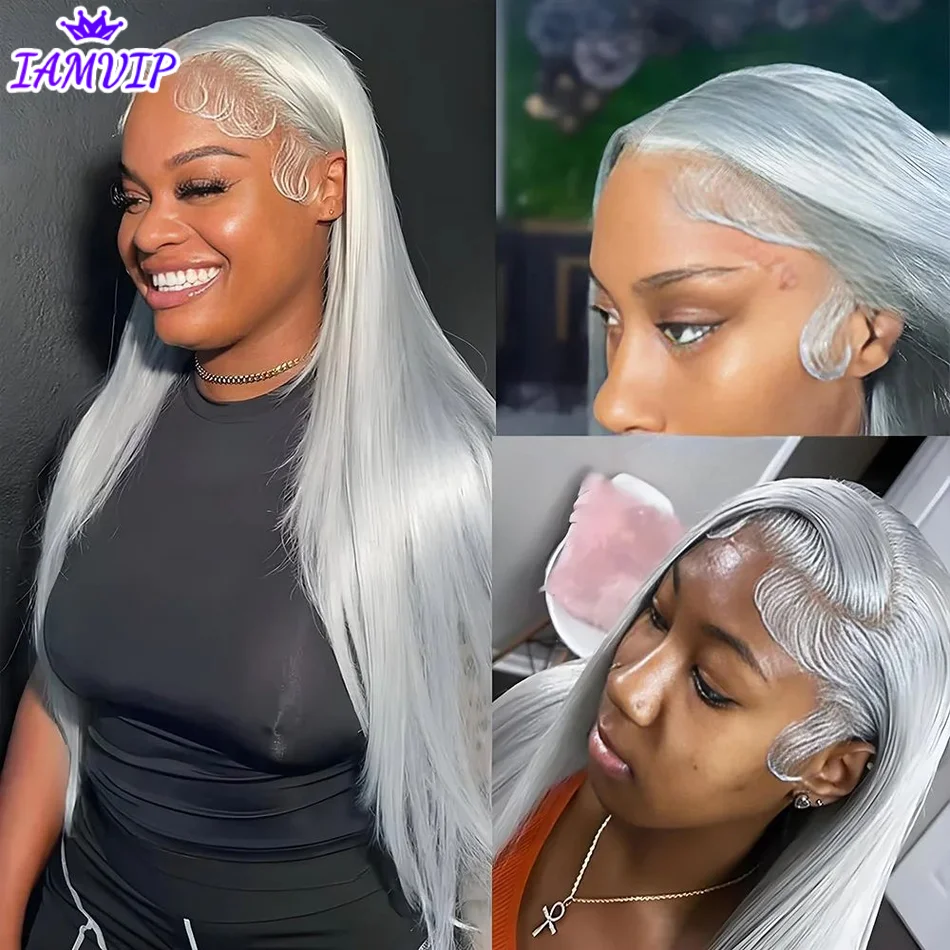 

250% 36inch HD 13x6 Straight Lace Front Human Hair Wigs Pre Plucked Silver Grey 13x4 Transparen Frontal Wigs For Women Brazilian