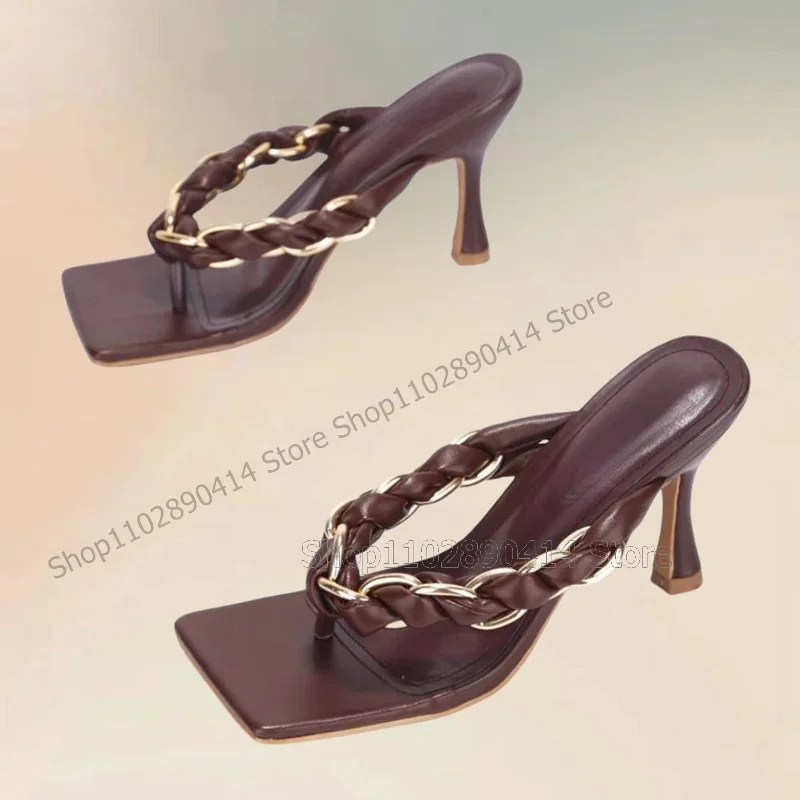 

Brown Knitted Leather Rope Flip Flop Slippers Slip On Women Shoes Thin HIgh Heels Novel Fashion Party 2025 Zapatos Para Mujere