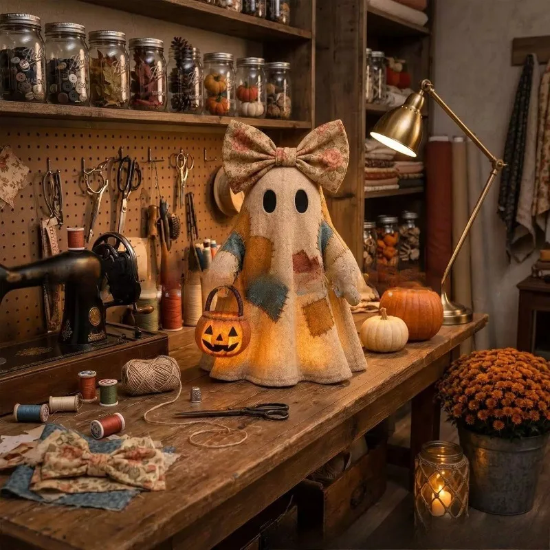 2026 New Lighted-Vintage Patchworks Ghosts For Halloween Decor Lights Up Ghosts With Pumpkins Lantern Ghosts Lamp  Mantel Shelf