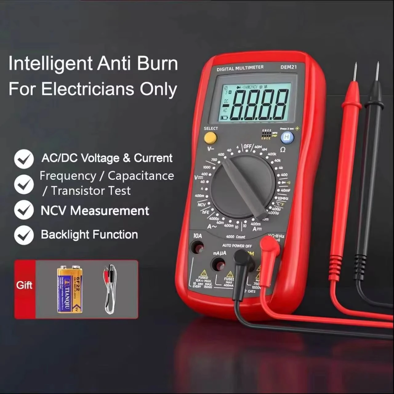 RMS Digital Multimeter NCV Non-Contact Voltage Tester, AC/DC Voltage, Current, Ohm, Capacitance, Rechargeable, Electrical