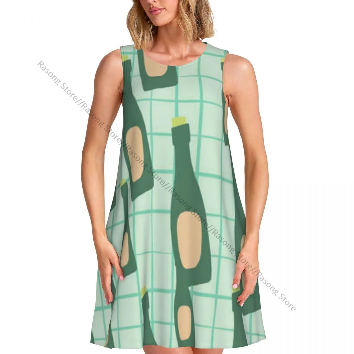 Vestido de verano casual para mujer, vestido tipo camiseta, pareo de playa, vestido sin mangas con adorno verde de botellas de alcohol