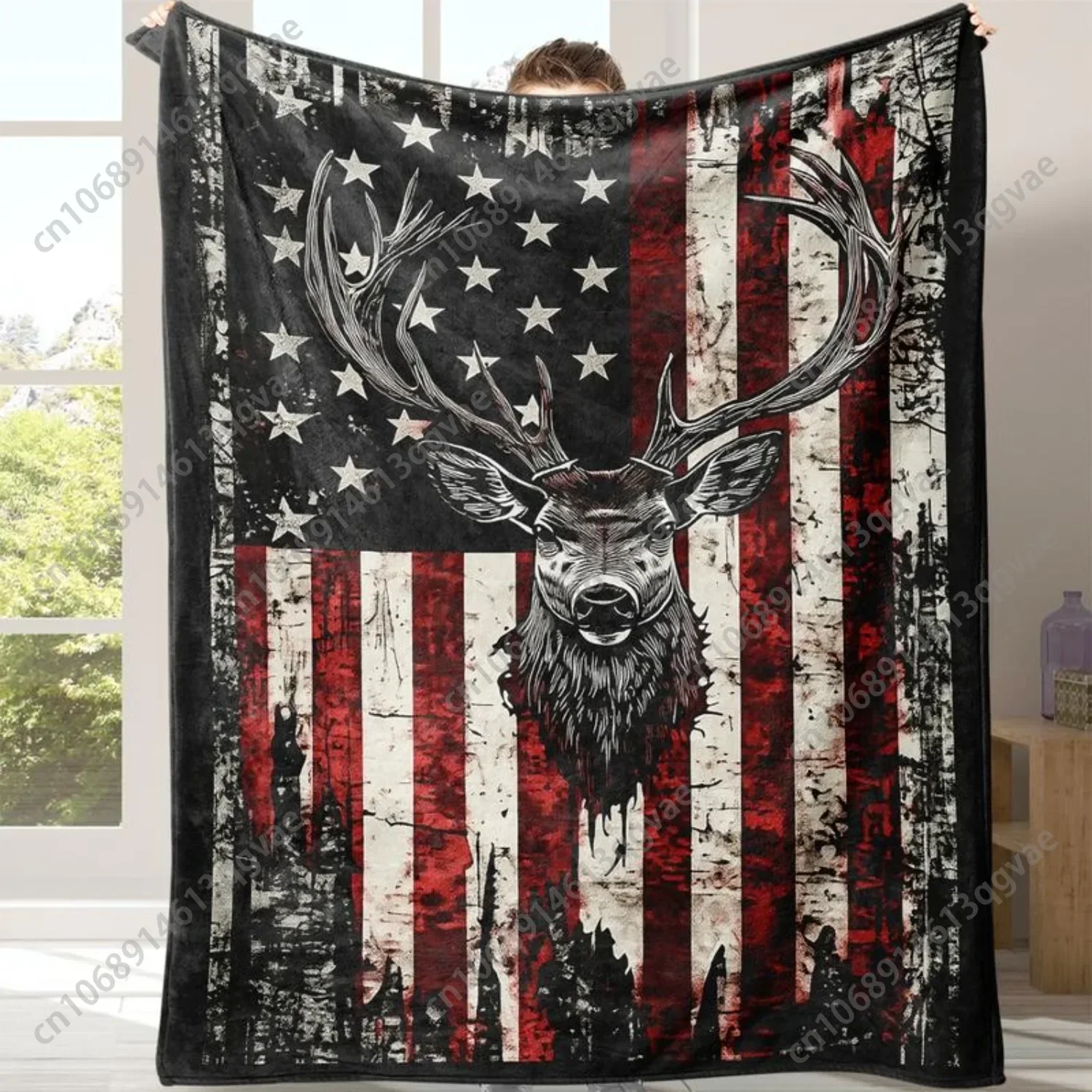Flag & Deer Head Pattern Flannel Blanket 1 Count Soft Comfortable Warm Throw Cool Bedroom Bedding Blankets for Home Office