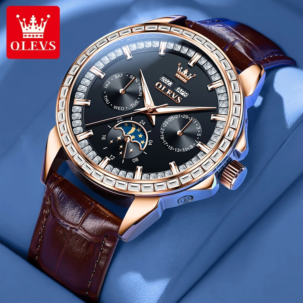 

OLEVS Brand Luxury Moon Phase 24 Hours Mechanical Watch for Men Leather Waterproof Calendar Business Men Automatic Wristwatch