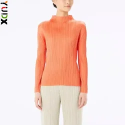 YUDX Miyake Simple Classic Pleated Women's High Neck Long Sleeve Top Solid Color T-shirt 2024 Summer Autumn New