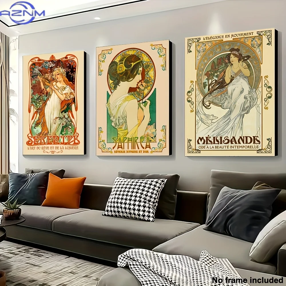 3pcs 3pcs French Mucha Style Female Figure - Frameless Canvas Posters Suitable for Living Room Decor, Modern Classic Suitable f - view 3
