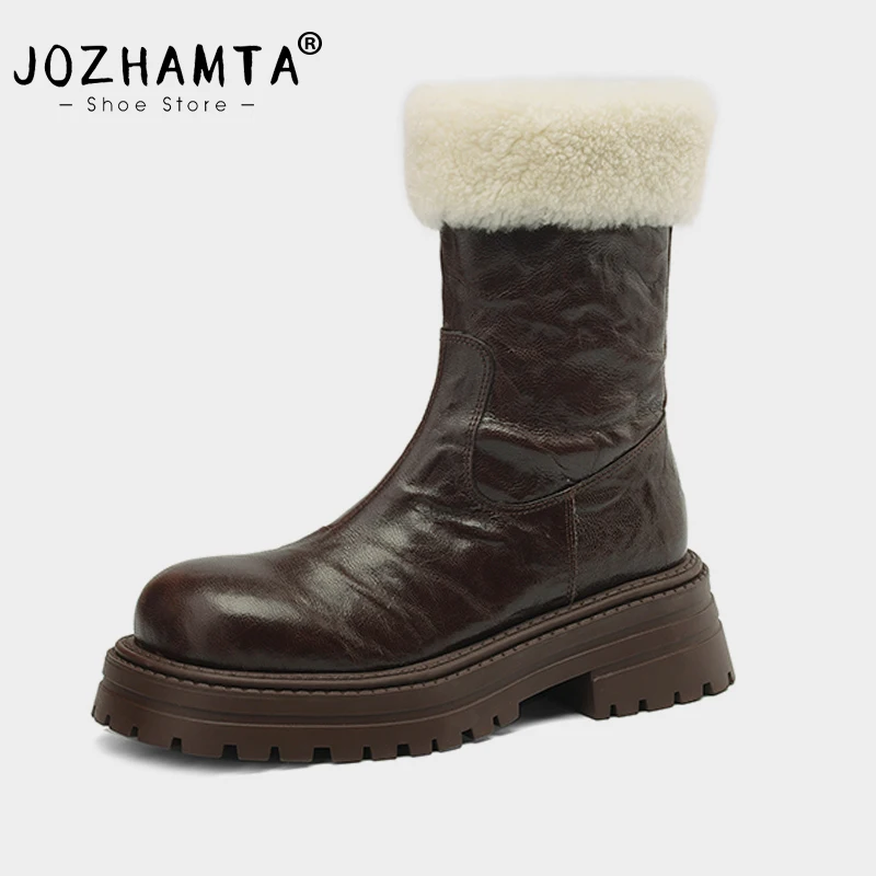 JOZHAMTA Size 34-39 Snow Boots For Women Real Leather Plush Fur Thick Heels Shoes Winter 2025 Platform Warm Furry Ankle Boots