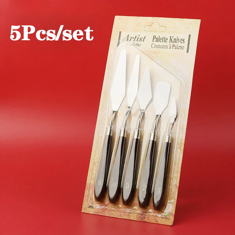 5Pcs/Set Palette Knife Stainless Steel Artist Crafts Oil Painting Supplies Wooden Flat Tip Scraper Utility Stationery Knives