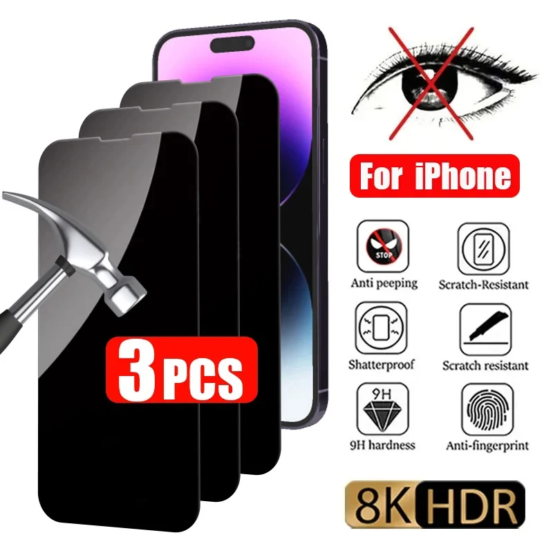 3Pcs Anti-spy Tempered Glass For IPhone 16 15 14 13 12 11 Pro Max Full Cover Privacy Screen Protector For iPhone X XS XR 7 8Plus