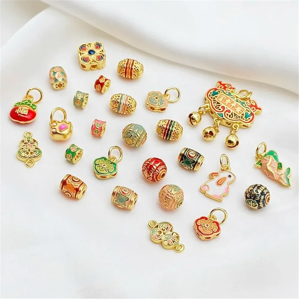 18K Gold-plated Chinese-style Burnt Blue Ruyi Lock Bucket Bead Gourd Round Bead Partition Bead DIY Hand-woven