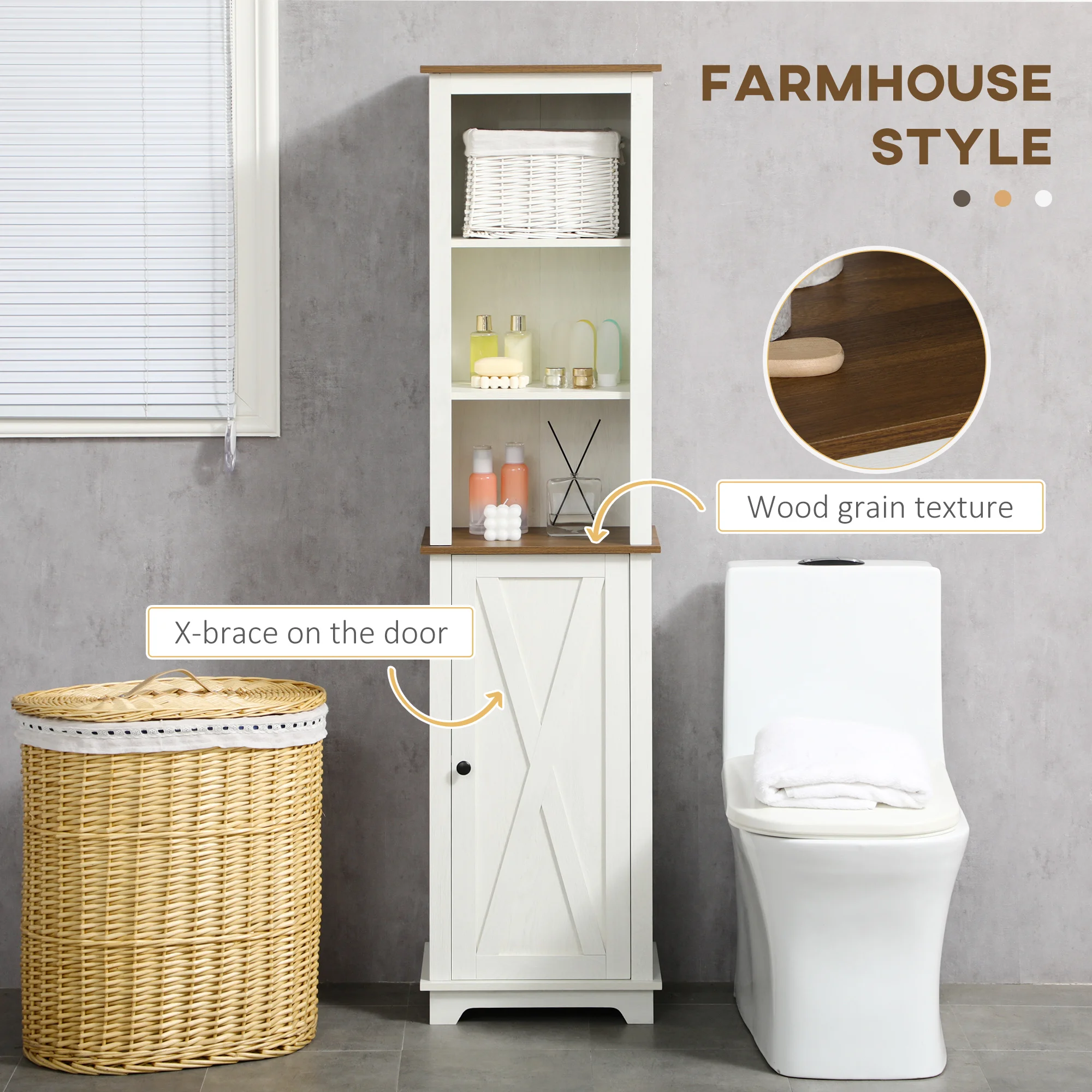 Farmhouse Bathroom Cabinet, Tall Storage Cabinet with Door and Adjustable Shelves, 15.5" x 11.75" x 63", White view 4