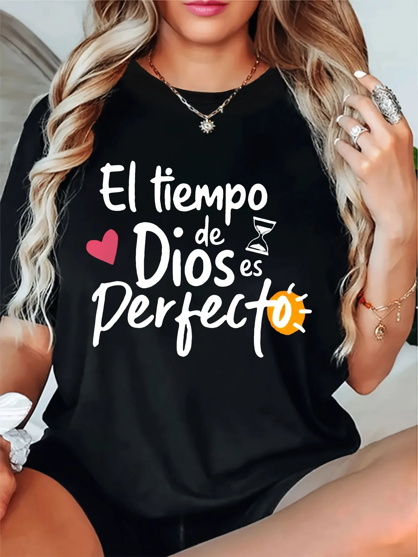 Breathable Short Sleeve Round Neck with Inspirational Spanish Letter Print Harajuku Sleeve Clothing Street Aesthetic Clothes