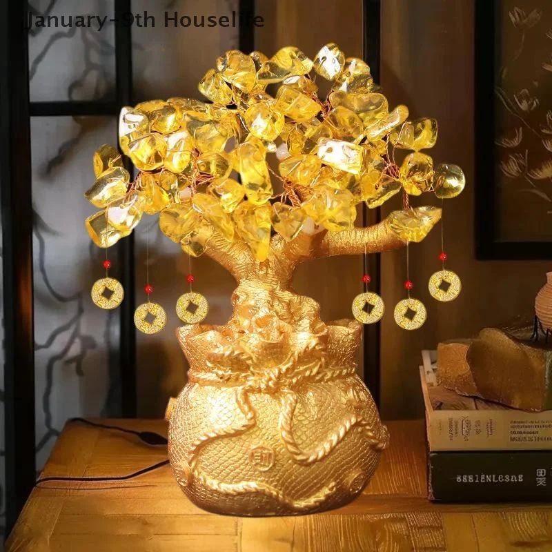 19cm 14cm Delicate Yellow Crystal Money Tree Ornament Home Office Shop Feng Shui Art Decoration Tabletop Lucky Wealth Tree