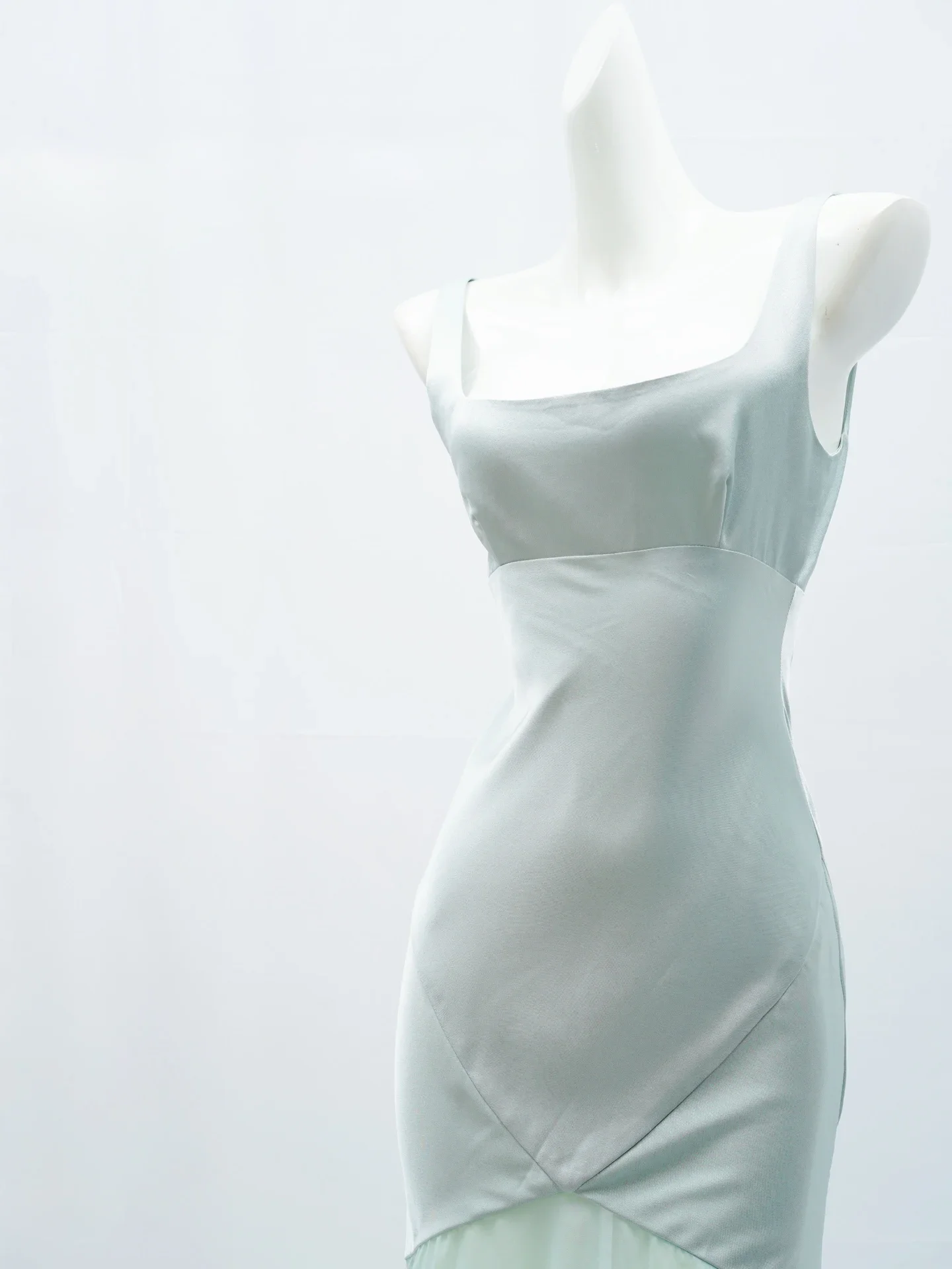 Frauen Satin Chiffon Patchwork Maxi Kleid Quadrat Kragen Ärmellose Elegante Damen Robe