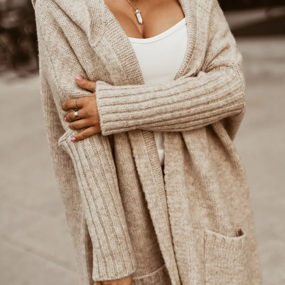 

Длинный кардиган с капюшоном и лацканами, свободное вязаное однотонное пальто, осень-зима, новый карманный свитер, Ropa Mujer Кардиган Женский