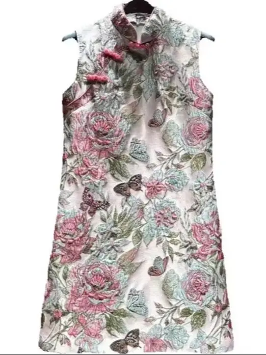 فستان شيونغسام فاخر عتيق مطرز بياقة واقفة للنساء بدون أكمام على شكل حرف a فستان فضفاض بخصر فساتين حفلات صغيرة