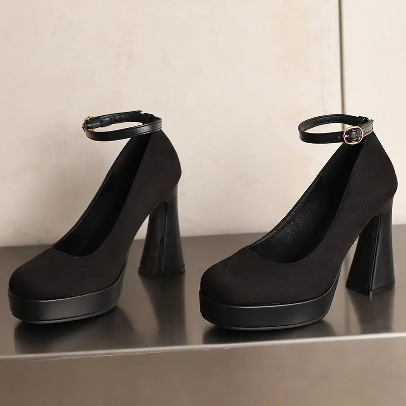 ORCHALISA Décolleté da donna in pelle scamosciata floccata Punta tonda Tacchi a spillo Piattaforma da 10,5 cm Cinturino con fibbia da 3 cm Taglia grande 44 45 Scarpe da festa di nozze sexy