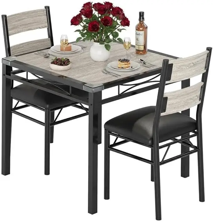 3pcs /set Dining Table Room with Corner Protector, Wood Kitchen Table and Chairs Set of 3 with Upholstered Chairs for Kitchen Room