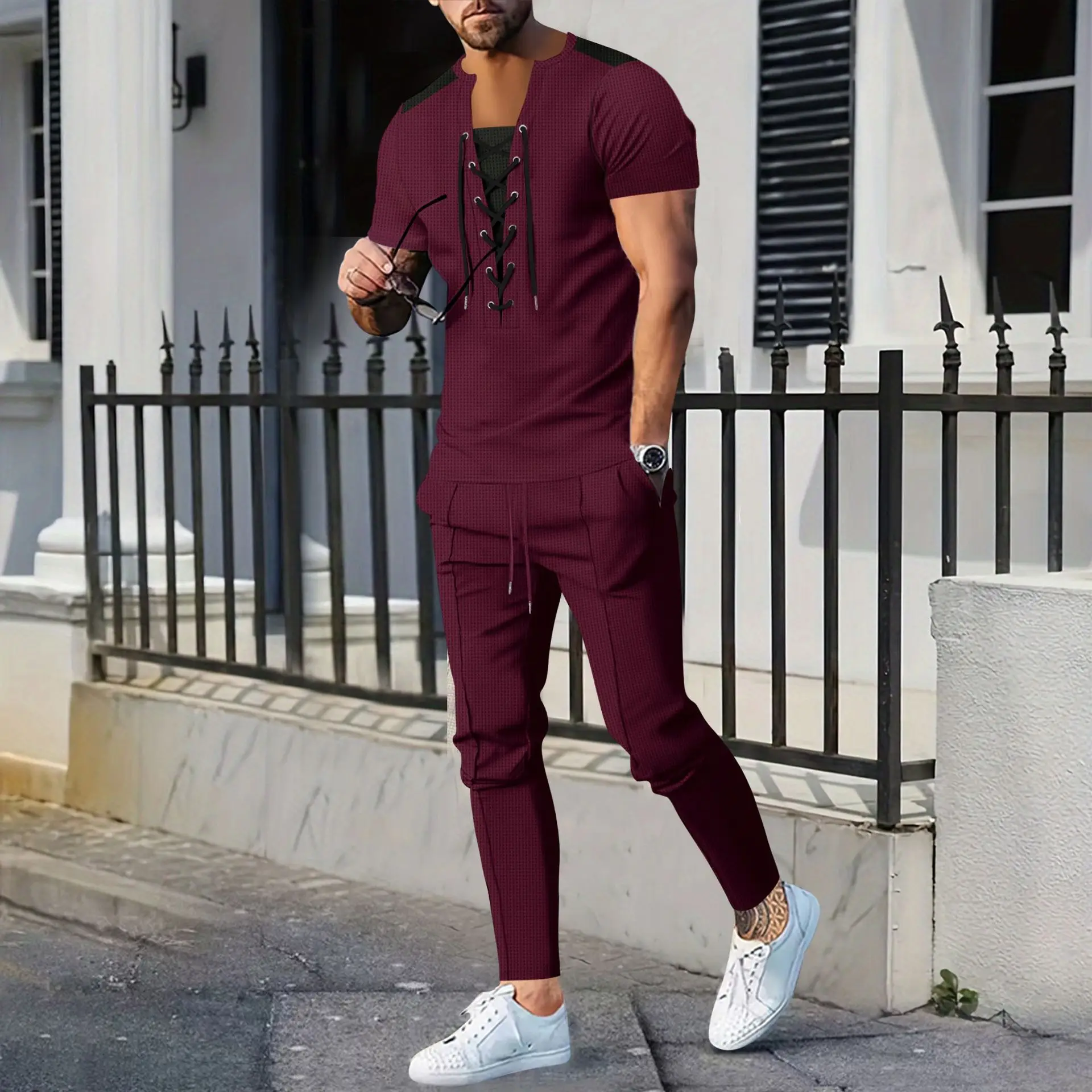 25 hommes nouveau gaufré col en v mode coupe ajustée porter corde à manches courtes pantalon deux pièces léger mature décontracté jeunesse costume populaire