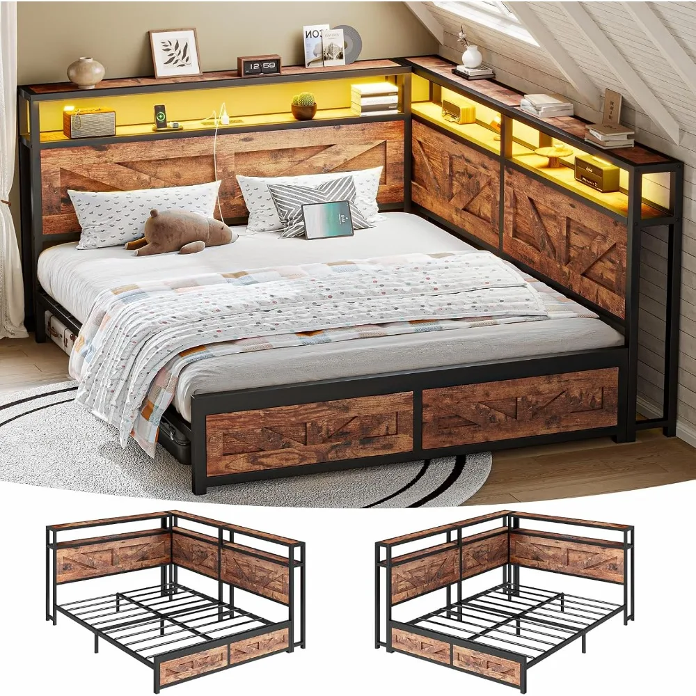 Full Corner Bed Frame with Storage and Bookcase Headboard, Daybed with LED Light and Charging Station, Queen Size, Customized