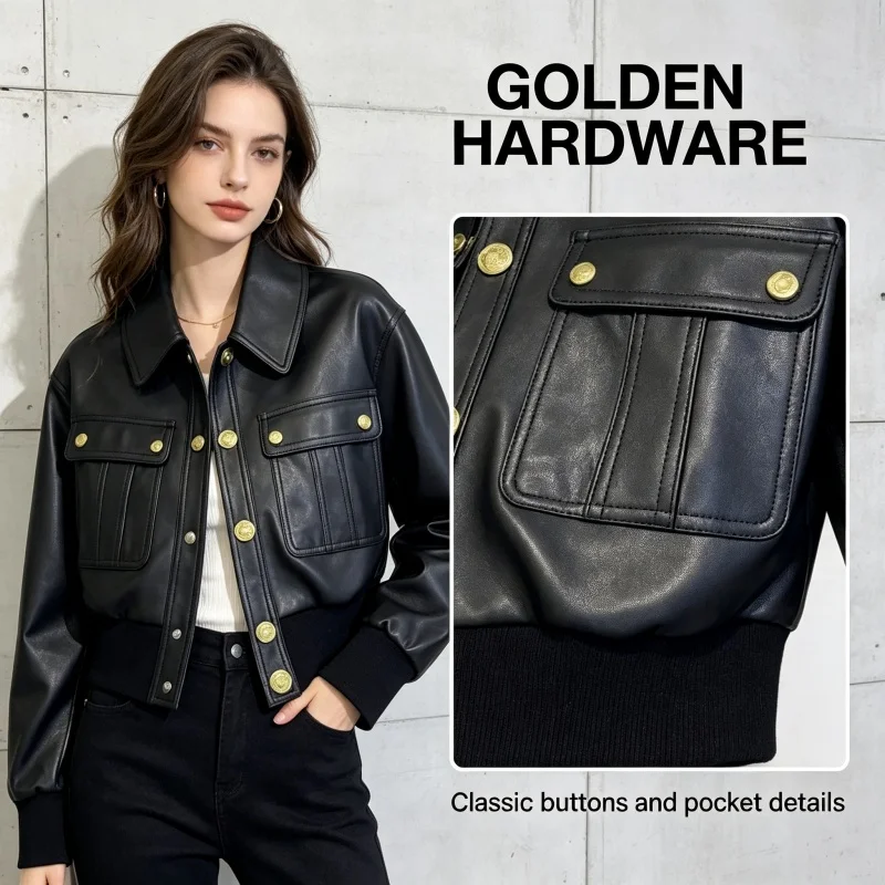 Black PU Leather Biker Jacket Short Design Sensation Spring Autumn Women's Fashion Stylish Top Coat