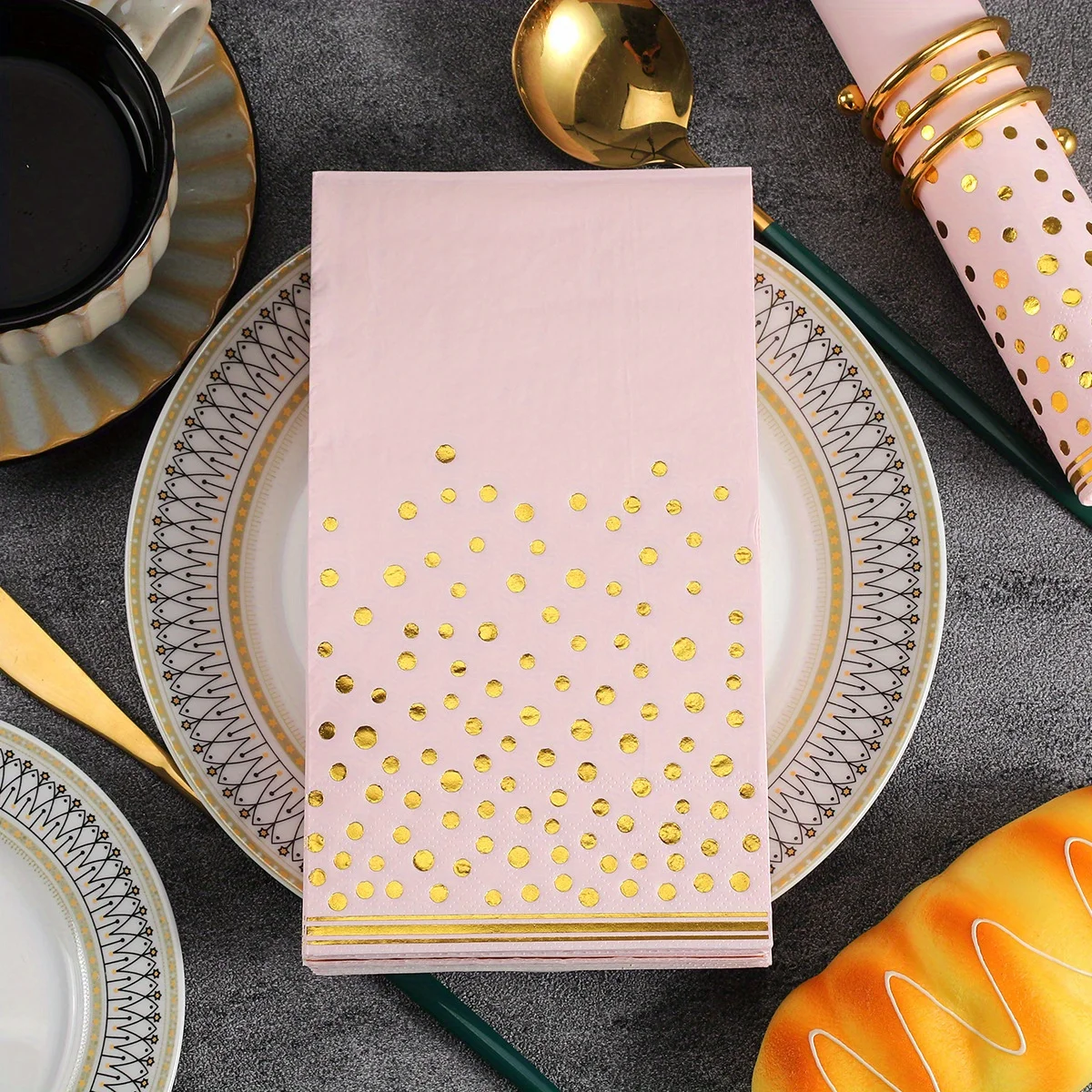 Rosa Servietten, Einweg-Dinner-Servietten aus rosa und goldenem Papier, Kanten, Papierhandtuch, Gästeervietten für Geburtstagsfeier, Hochzeit – Detail 3