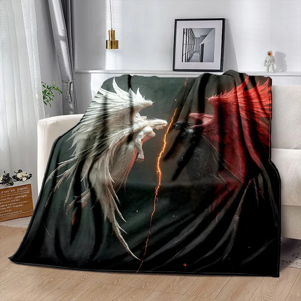 Black and White Angel Devils Printed Blanket Bedroom Living Room Sofa Nap Office Camping Shawl Blanket Luxury Gift Fast Shipping