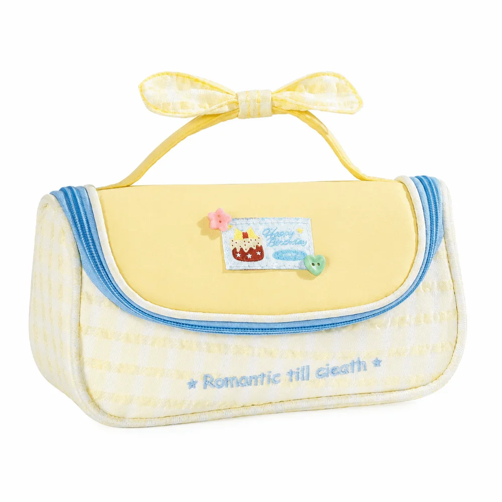 Multi-Functional Gingham Print Pencil Case Multi-Layer Large Capacity Pen Bag Bow Handle Pencil Pouch School Supplies