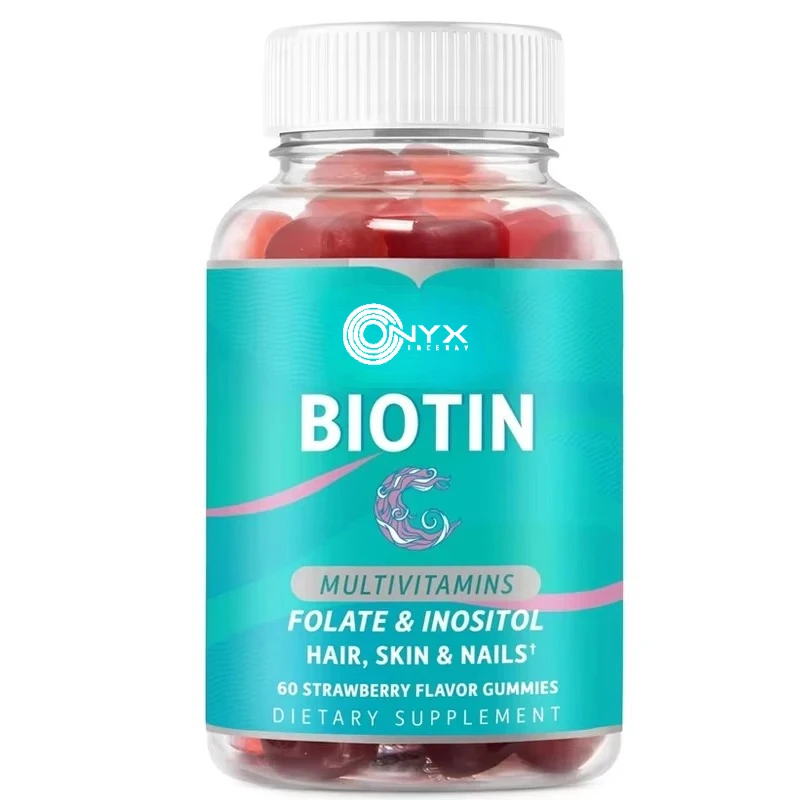 Gomitas de biotina para cabello, piel y uñas con folla e inositol | Delicioso sabor a fresa | 60 caramelos de goma