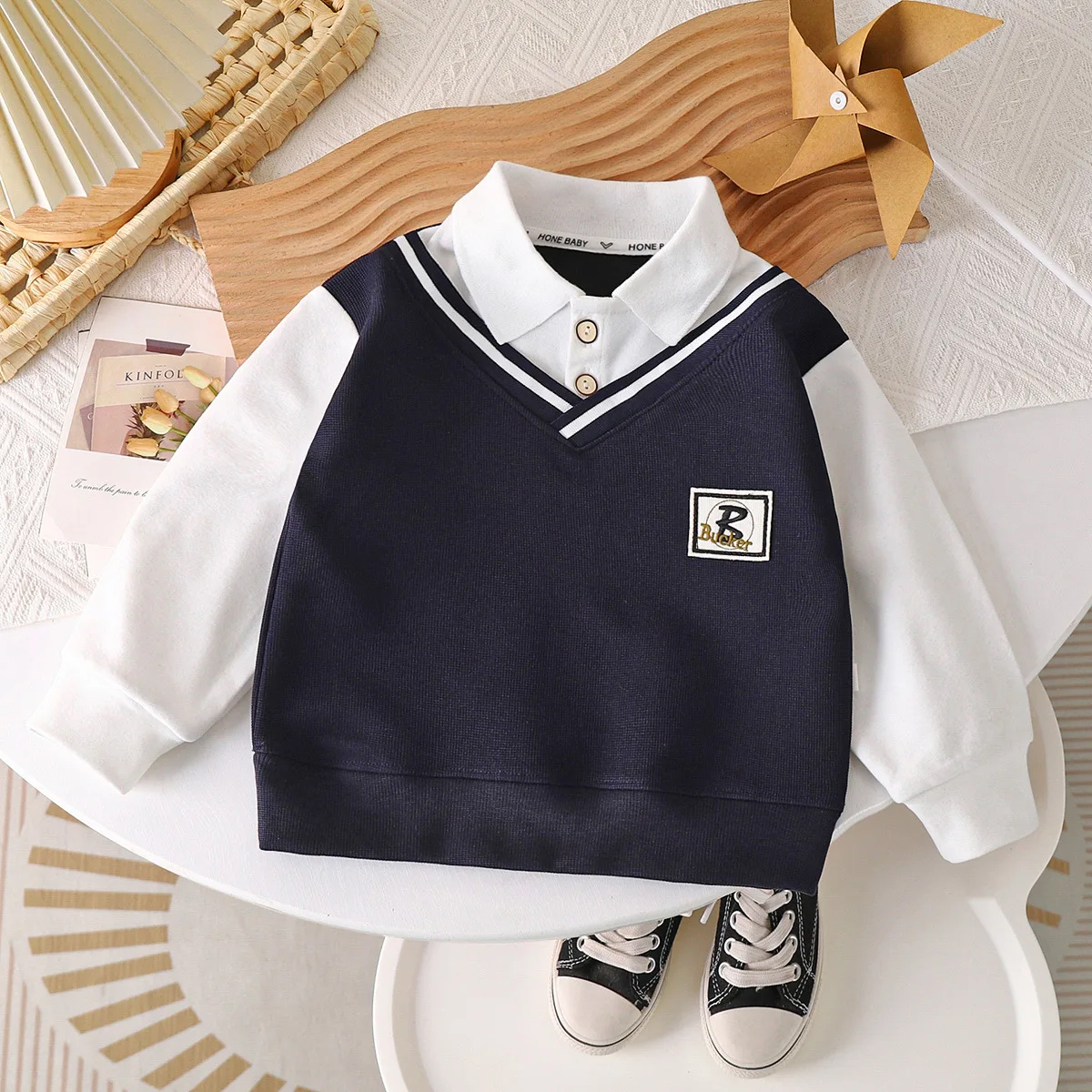 Autumn Children Boys Sweatshirt Cotton Letter Sticker Baby Boys Fake Two Piece Tops Loose Spliced Long Sleeve Kid Boy Polo Shirt