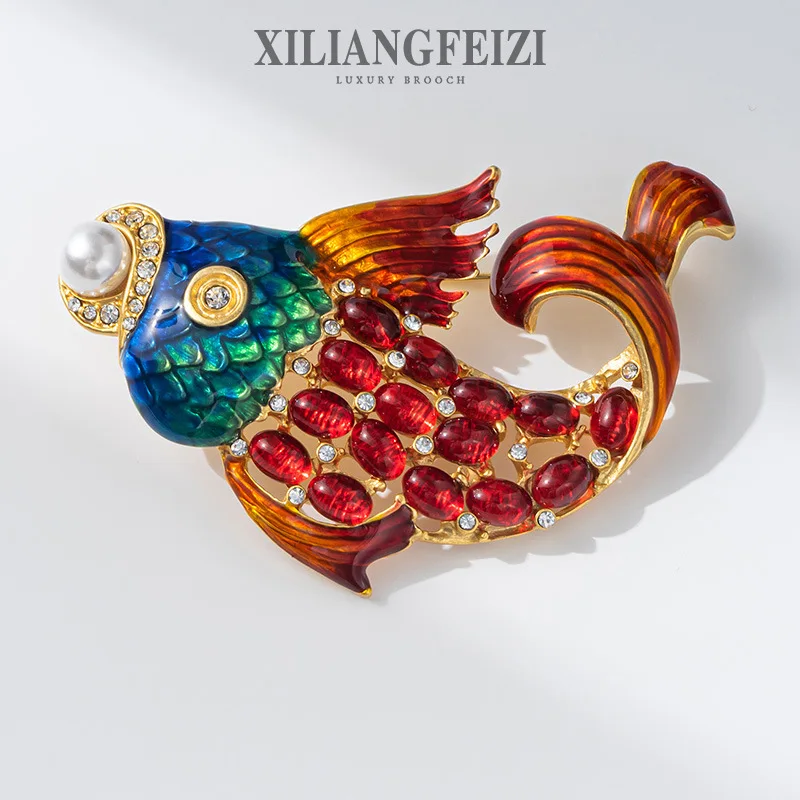 

Xiliang Concubine Middle Ages High Quality Enamel Colored Red Carp Needle National Style Pearl Breast Flower