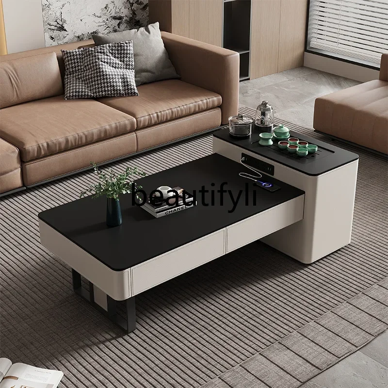 

Italian rock slab coffee table fully automatic embedded living room home multi-functional kung fu solid wood tea table