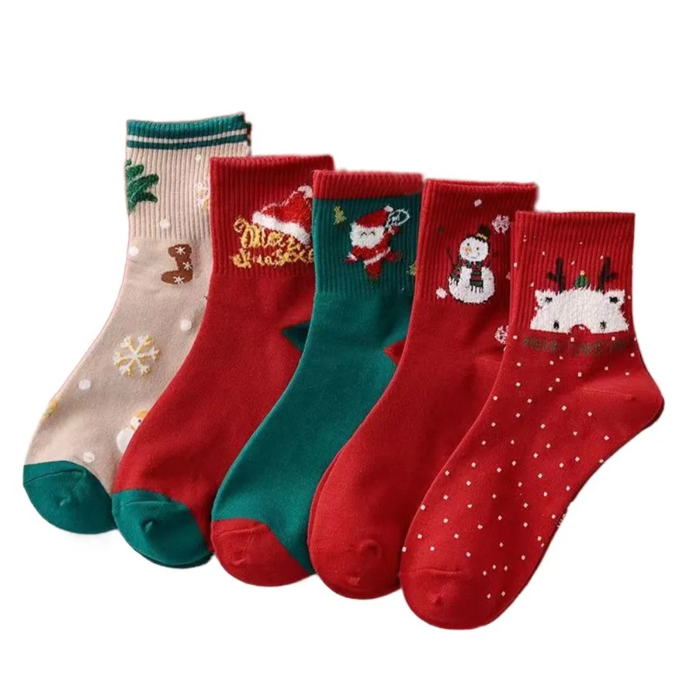 

5 пар мягких хлопковых носков с мультяшными рисунками (Снеговик, Олень) для женщин и мальчиков, в стиле пэчворк, средней длины