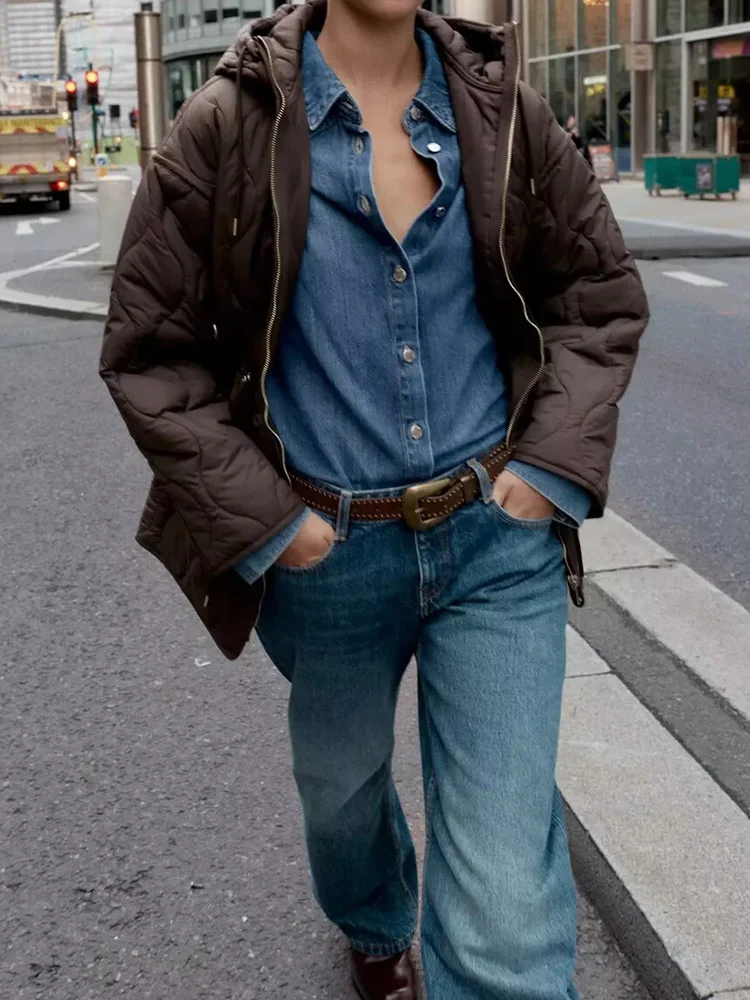 

European and American style women's autumn new fashion casual simple loose versatile hooded waist quilted cotton jacket