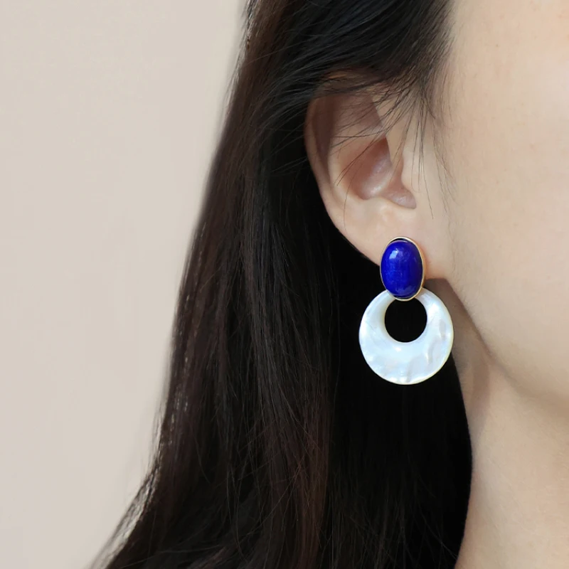 Vintage Sweet New in Pink earrings for women Silver inlaid Lapis Lazuli Artificial Fritillaria Light Luxury Wedding Jewelry image 6