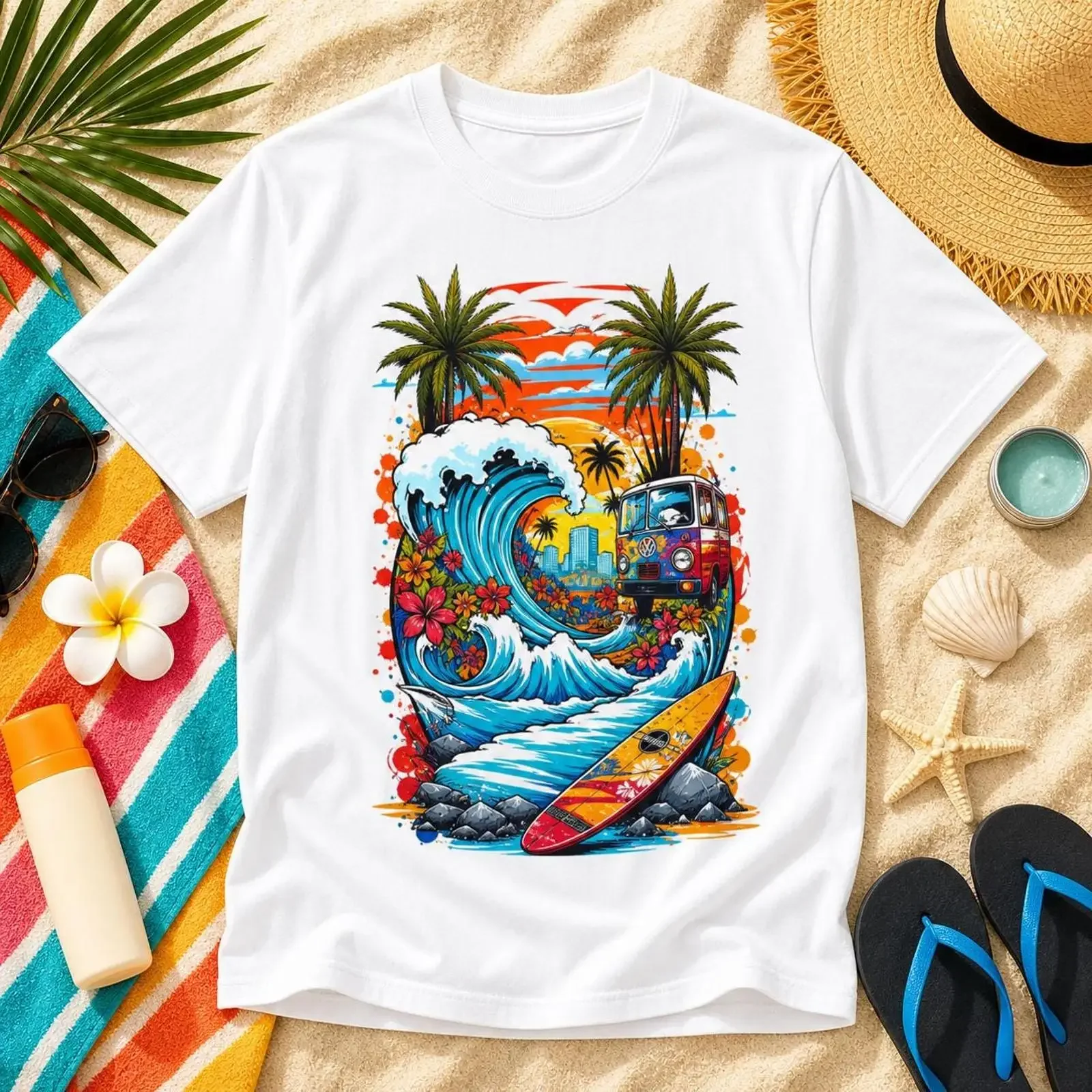 Vintage Tropical Summer Surf Beach T Shirt Ocean Wave Surfboard Casual Vacation Coastal vintage Washed Top For Everyday Wear