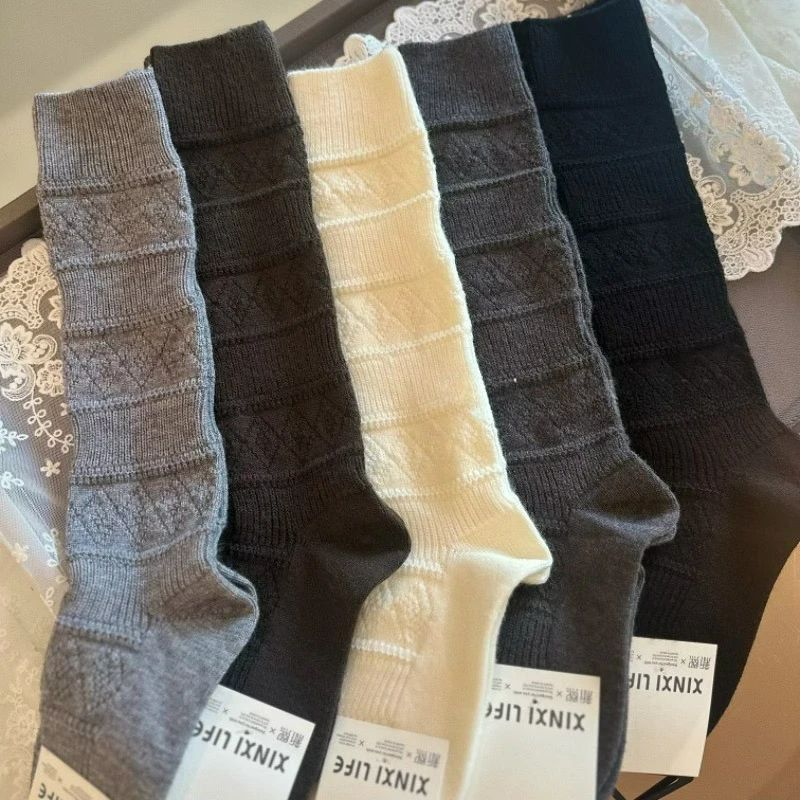 

Harajuku Thicken Warm Wool Stockings for Women Autumn Winter Diamond-type Lattice Solid Color Knitted Leg Warmer Knee High Socks