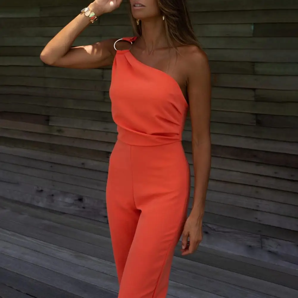 Banquet Romper One Shoulder Close-fitting Sexy Breathable Firm Stitching Solid Big Hoop Decor Slim Fit Sleeveless Prom Jumpsuit