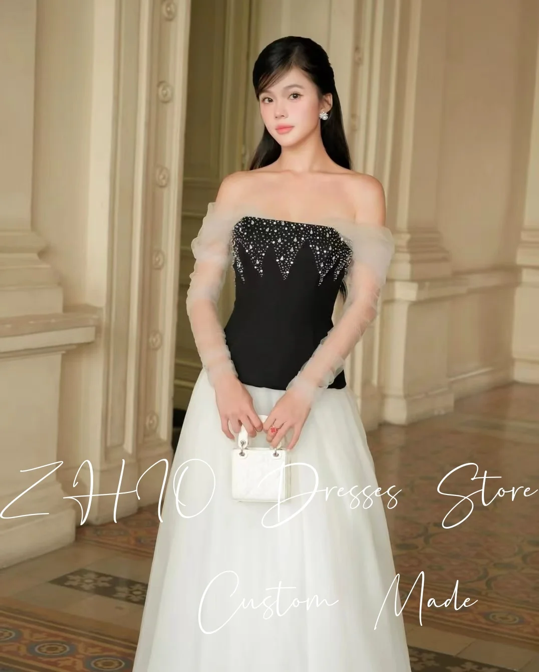 ZHIO Exquisite Beads Evening Gown Off Shoulder A-Line Floor Length Contrast Black White Tulle Wedding Party Dress Customized