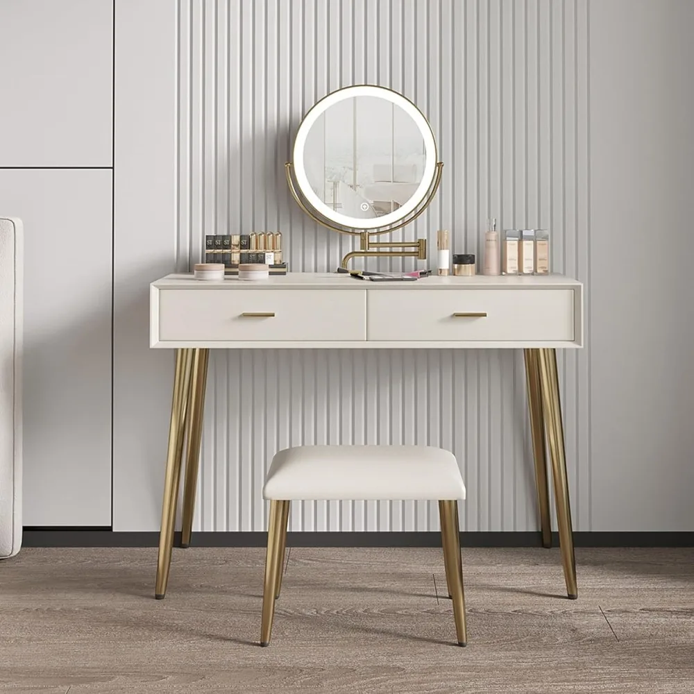 Ensemble de table en span avec miroir rotatif à 360 ° et éclairage, équipé de cuir microcarence, 2 portes de proximité, meubles tabouret beige