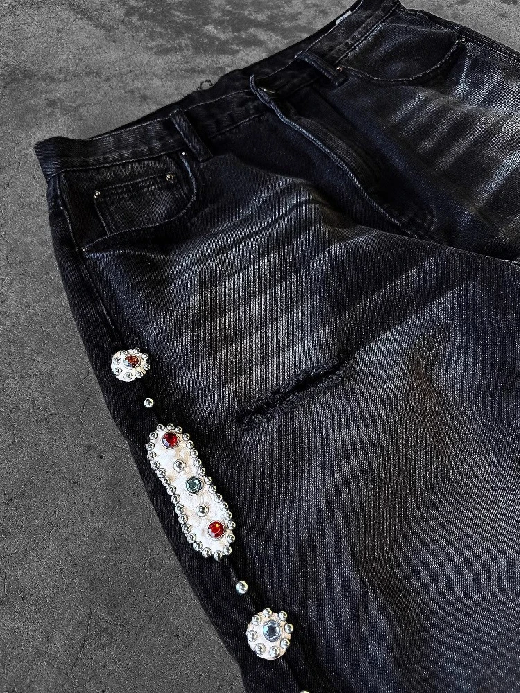 Mens Jeans Punk Vintage Streetwear Black Wide Leg Denim Pants Rhinestone Pearl Decor Ripped Distressed Loose Fit Y2K Fashion